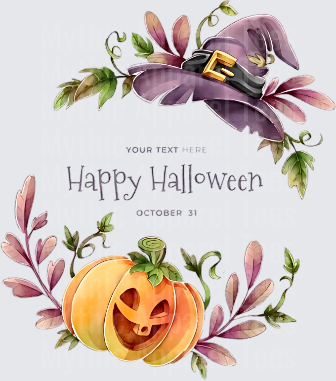 Happy Halloween October 31 Watercolor Witch Hat Jack-O-Lantern Floral Wreath