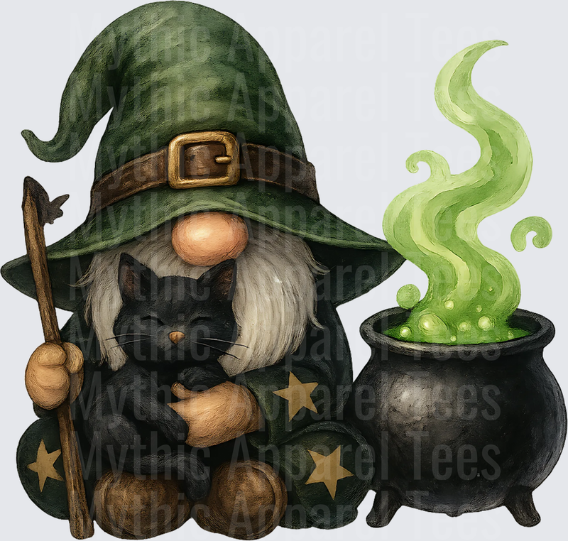 Halloween Witch Gnome with Black Cat Staff and Bubbling Green Cauldron