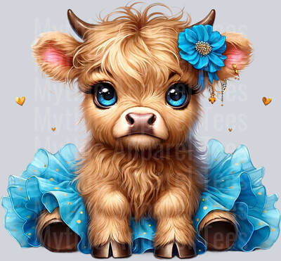 Cute Highland Cow Baby Blue flower and blue tutu DTF Precious Highland Cow Transfers