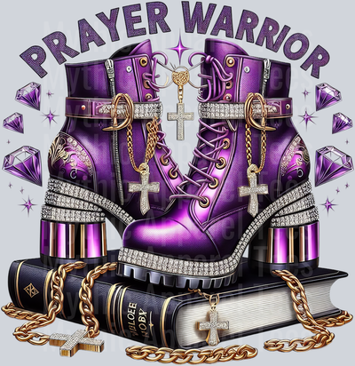 Bling boots on bible 5 Purple Prayer Warrior DTF Religious Transfers