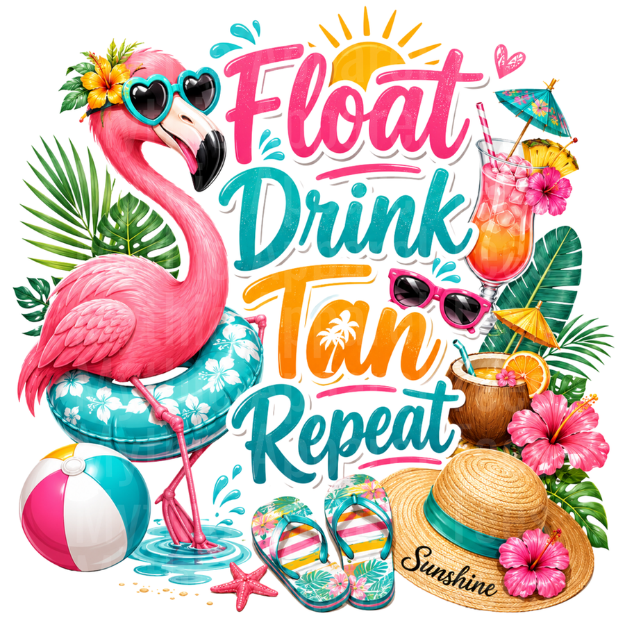 Flamingo Float Drink Tan Repeat Tropical Summer Beach Vibes