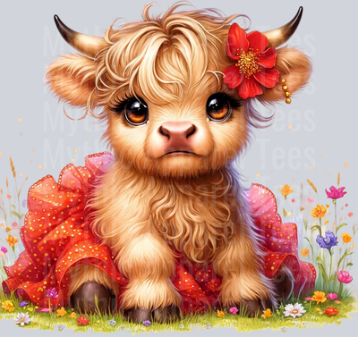 Cute Highland Cow Baby Ground Red Flower DTF Precious Highland Cow Transfers