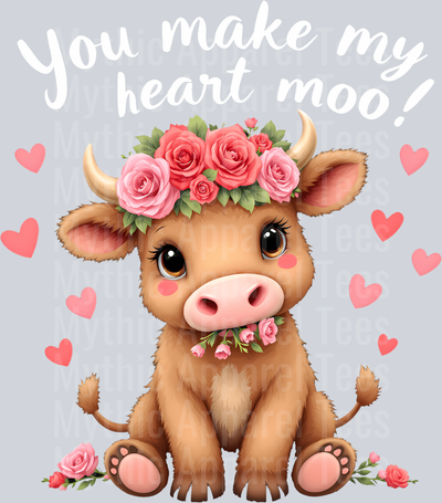 196 Valentine Highland Cow You Make My Heart Moo Hearts Flowers Long Sleeve T-Shirt