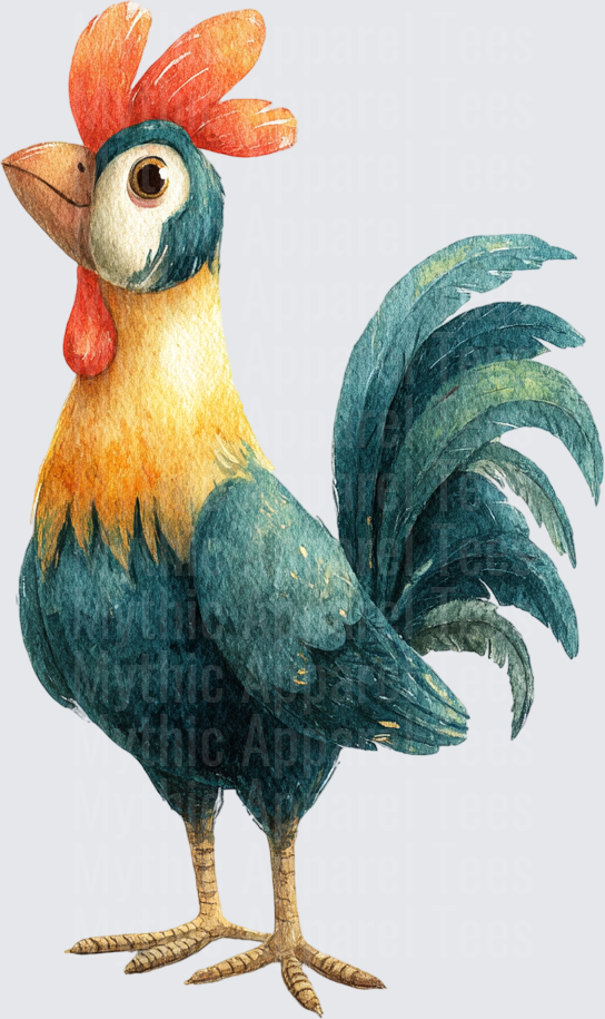 Watercolor Rooster Hei Hei Inspired Cartoon Chicken with Teal Feathers and Red Comb