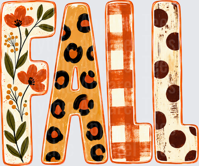 Fall Designs Mixed Pattern FALL Letters with Floral Botanical Wildflowers Leopard Print Buffalo Plaid and Polka Dot Autumn Typography