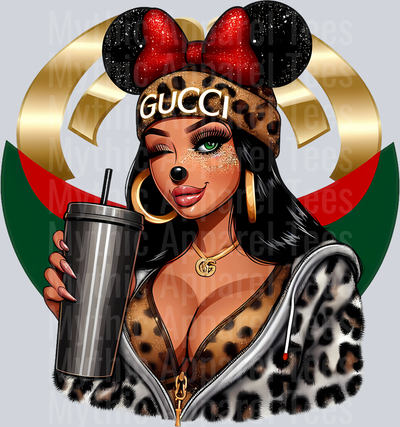 Sassy girl with big tumbler and minnie ears Leopard print jacket Disney DTF Gucci Disney Transfers