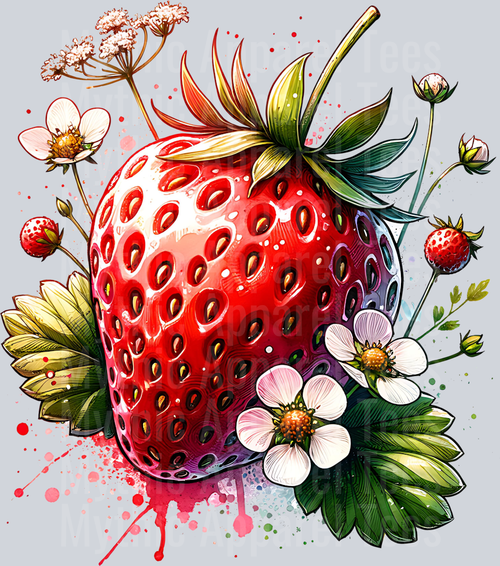 STRAWBERRY WITH FLOWERS CLIPART PNG