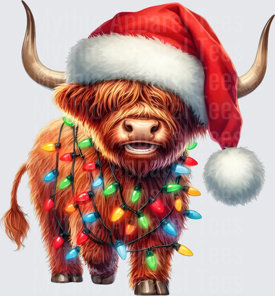 Highland Christmas Cow Santa Hat Colorful Light Bulbs