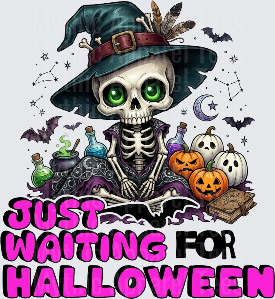 Just Waiting For Halloween Witch Skeleton with Green Eyes Potions Pumpkins and Bats