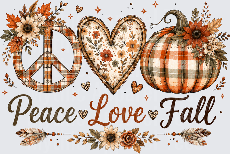 Peace Love Fall Plaid Pumpkin Floral Boho Autumn Design with Buffalo Check Peace Sign and Wildflower Heart