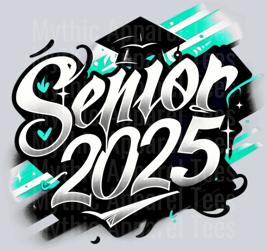 0022 Senior 2025 Airbrushed Mint and Black DTF 2025 Senior Graduation Transfers