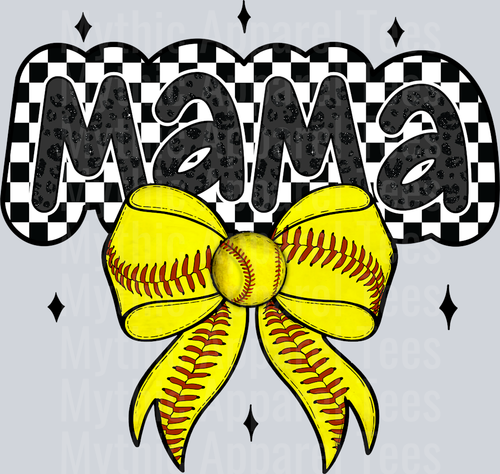 Softball Mama with checkers and Yellow bow red stripes cute DTF Sports Transfers