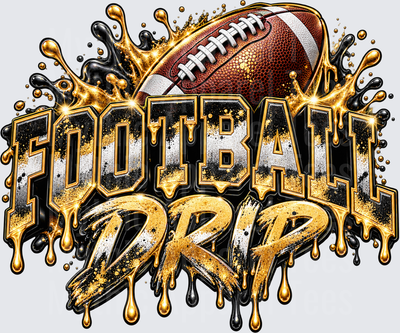 Football Drip Bold Glitter Gold and Black Splatter Design with Dripping Letters and Game Ball
