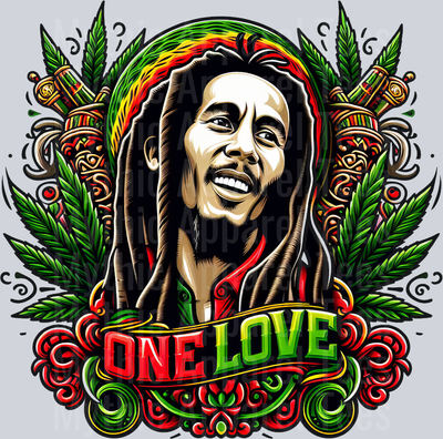 ONE LOVE Bob Marley floral colors weed plant DTF Weed Transfers