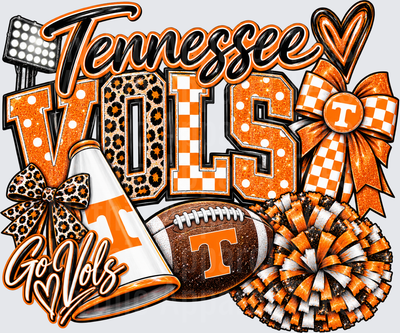 Tennessee Vols Glitter Leopard Checkered Spirit Design with Football Megaphone Pom Poms and Bows Go Vols
