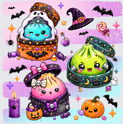 Dumplings Cute Halloween Kawaii Glitter Slime Dumplings with Ghost Costume Teal Box Pink Witch Hat Frankenstein Cauldron Bats Pumpkin Candle Candy Spooky