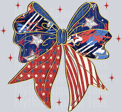Red White and Blue bow with gold outline and drawn stars DTF Patriotic Transfers