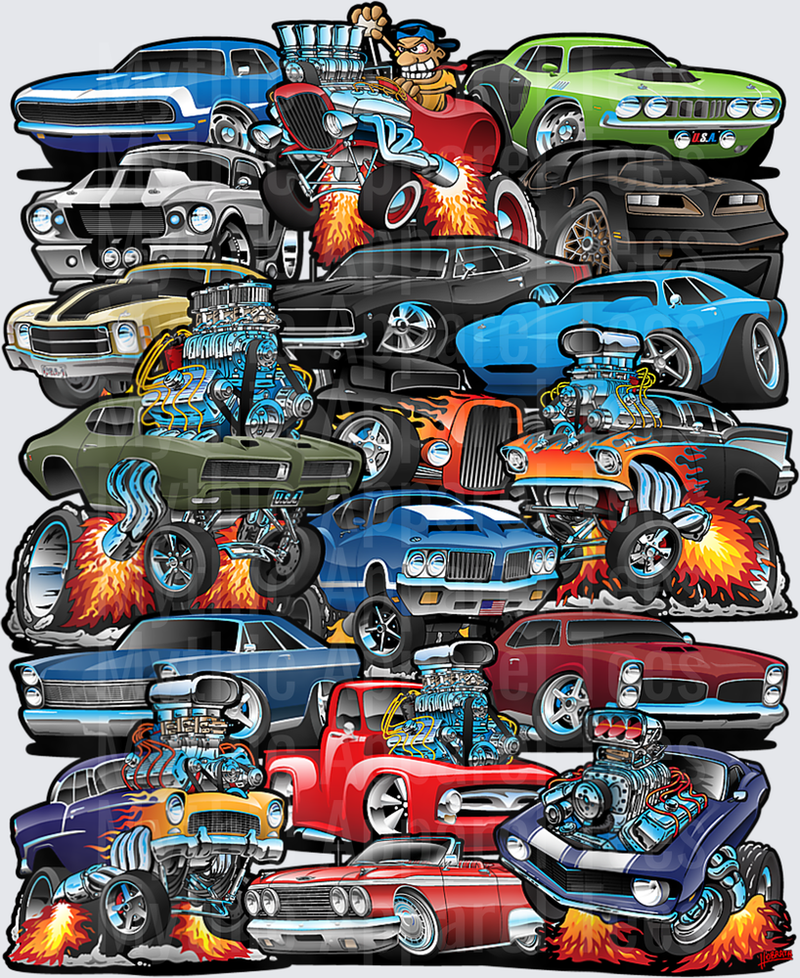 Car Madness! Muscle Cars, Classic Cars and Hot Rods Cartoon T-Shirt (1)