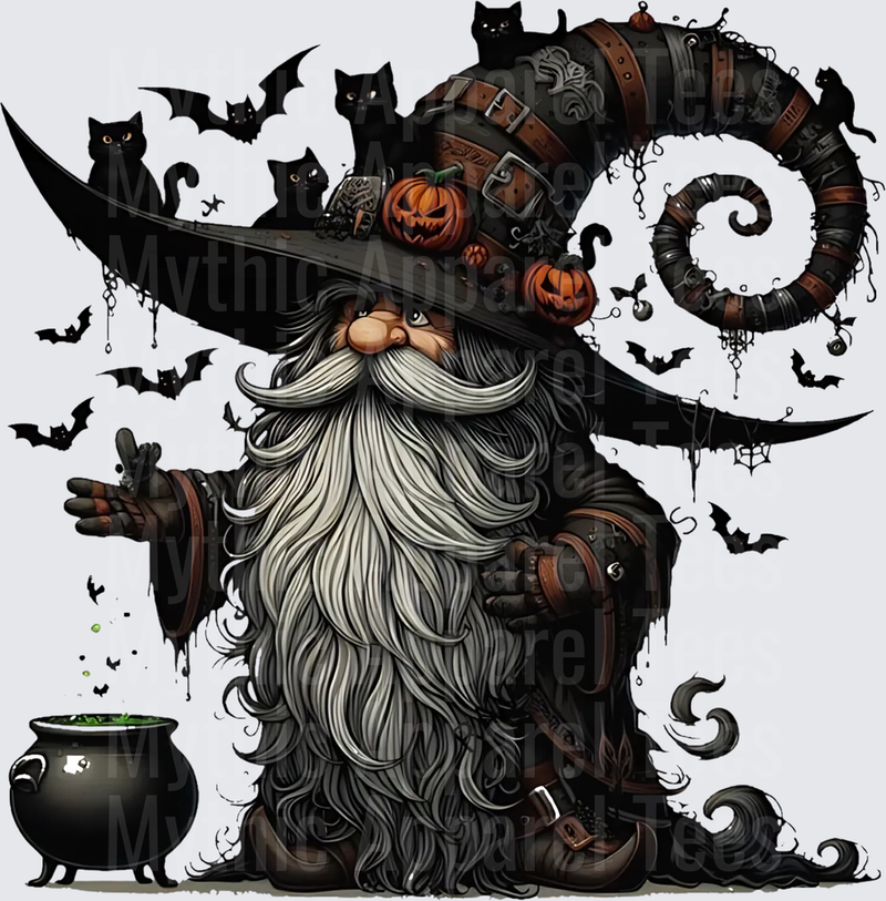 Spooky Halloween Gnome Wizard with Curling Witch Hat Jack-o-Lanterns Black Cats Bats and Bubbling Cauldron