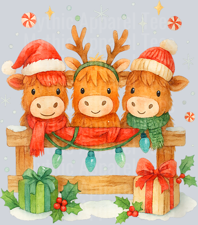 Womens Highland Cow Christmas Trio Cute Holiday Watercolor V-Neck T-Shirt