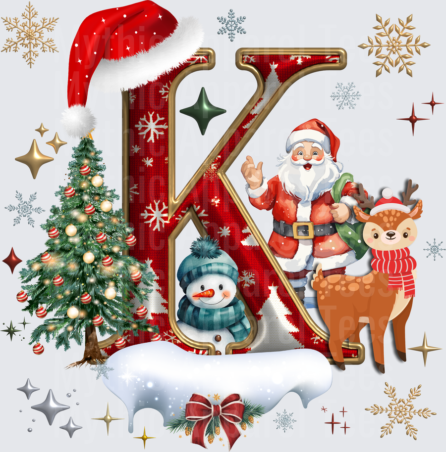 Christmas Letter K Monogram with Santa Claus Snowman Reindeer and Decorated Christmas Tree Holiday Initial Design