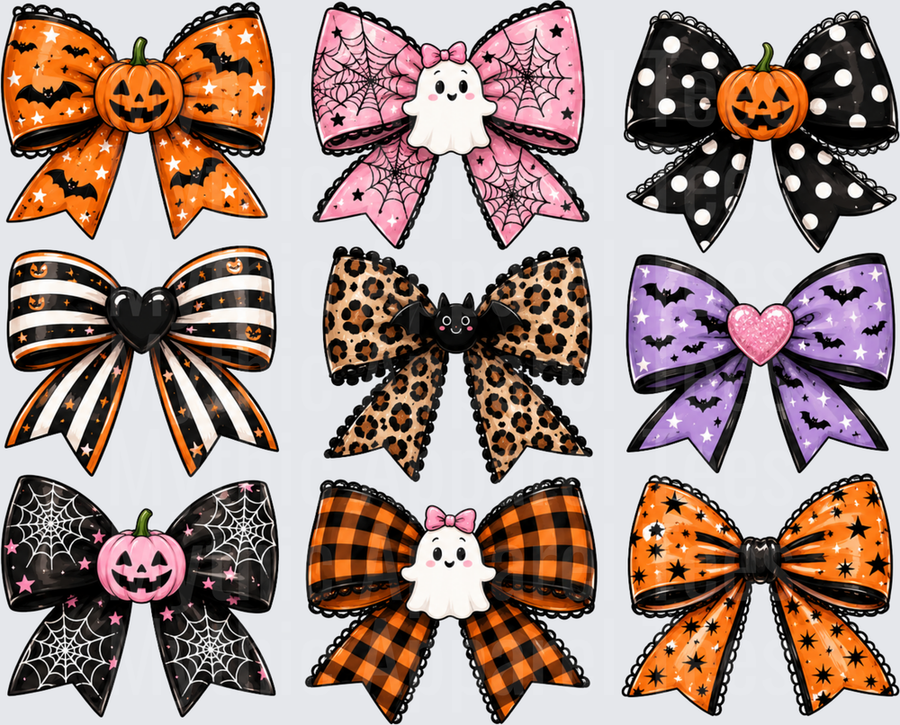 Halloween Bow Bundle Set with Pumpkins Ghosts Bats Spider Webs Leopard Print Plaid Polka Dot Striped and Star Patterns in Orange Black Pink and Purple