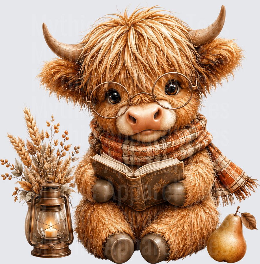 Cute Baby Highland Cow Reading a Book with Round Glasses Plaid Scarf Autumn Lantern and Pear
