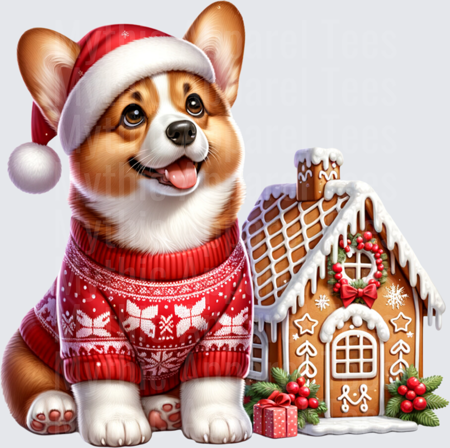 Adorable Corgi Puppy Santa Hat Red Ugly Sweater Gingerbread House Holiday