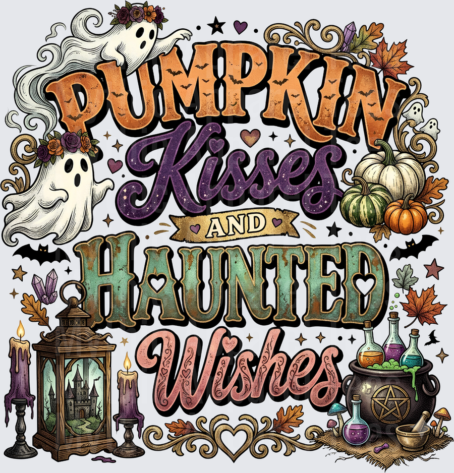Pumpkin Kisses and Haunted Wishes Boho Halloween Ghost Cauldron Lantern Autumn Leaves Vintage Typography