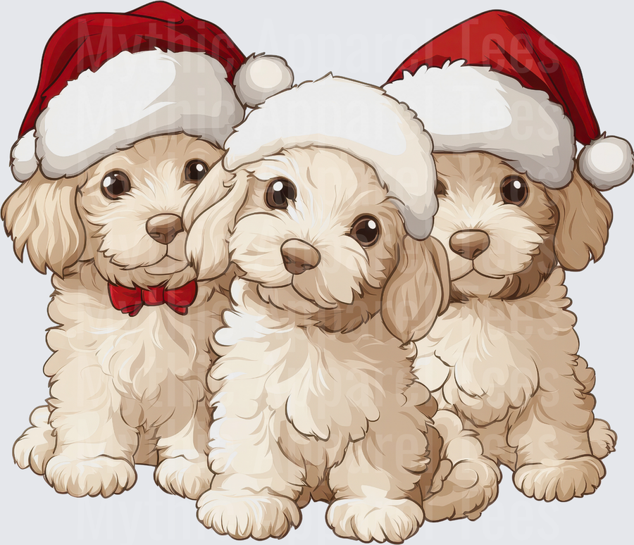 Three Fluffy Goldendoodle Puppies Wearing Santa Hats Holiday Christmas Trio with Red Bow Tie