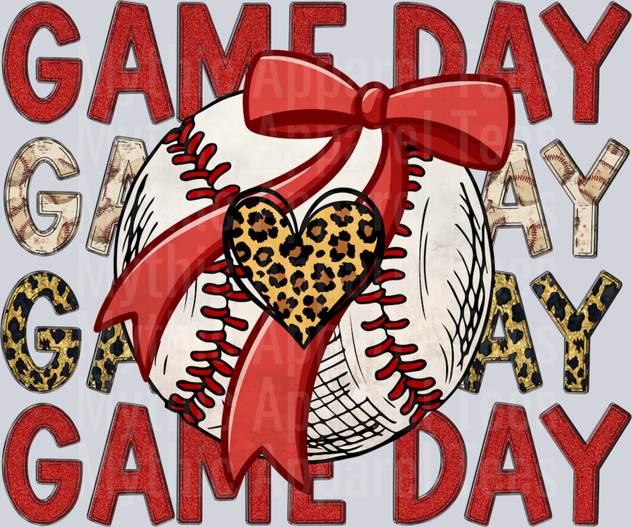 GAME DAY bow and prints red DTF Baseball Transfers