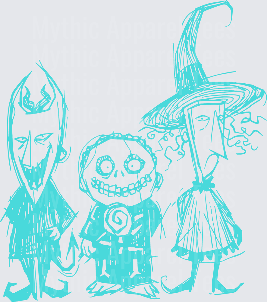 Nightmare Before Christmas Lock Shock and Barrel Trick or Treat Trio Sketch Style Cyan Blue Line Art