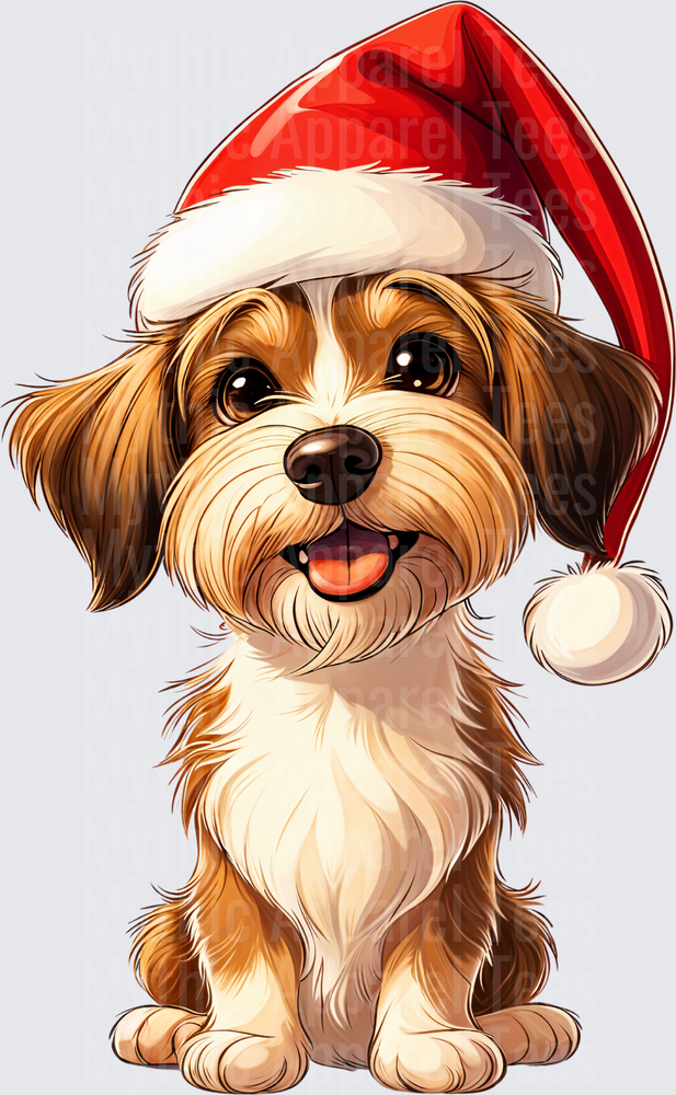 Cute Fluffy Brown Terrier Mix Dog Wearing Red Santa Hat Christmas Holiday
