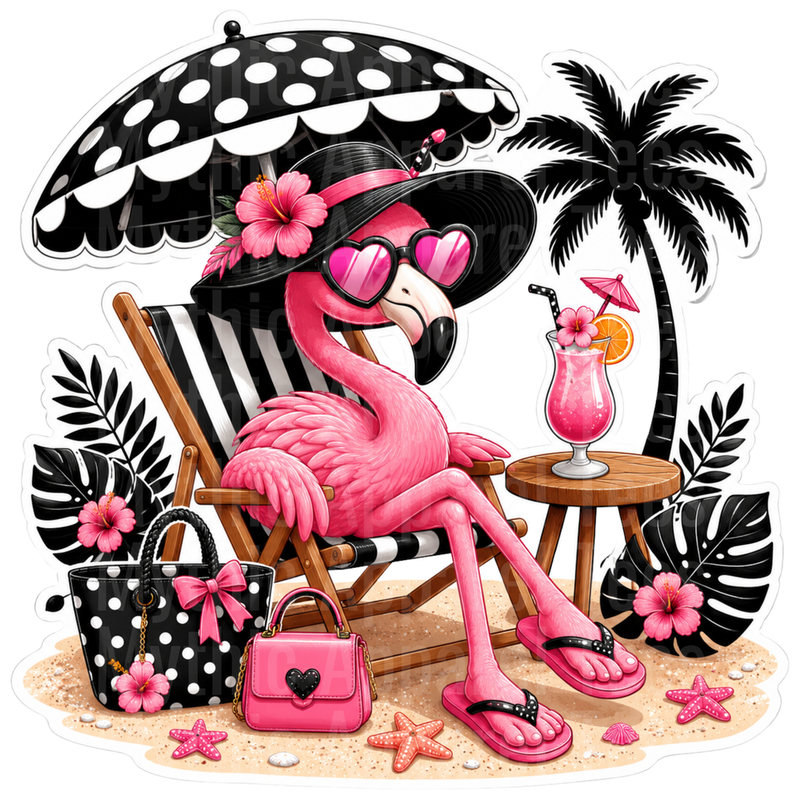 Flamingo Sassy Pink Beach Babe Lounging in Style with Cocktail