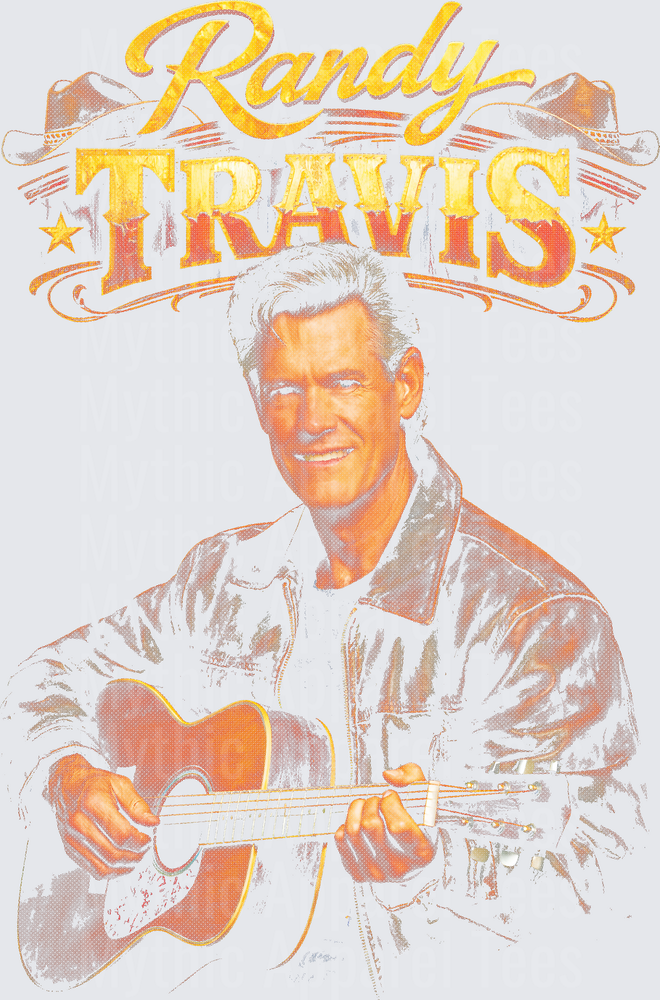 Randy Travis Country Music Legend Playing Guitar with Western Script Logo Vintage Halftone Design