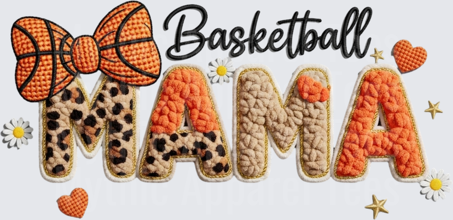 Basketball Mama Chenille Patch Style Leopard Print Letters with Basketball Bow Daisy Accents
