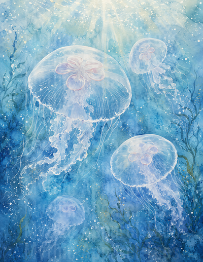 Ocean Animals Watercolor Jellyfish Glowing Blue Sea Scene