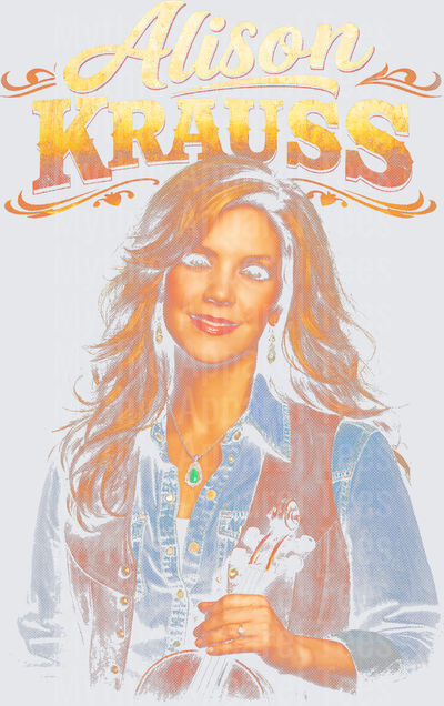 Alison Krauss Portrait Illustration with Vintage Ornate Typography Holding Fiddle Denim Jacket Country Music Legend Fan Art Design