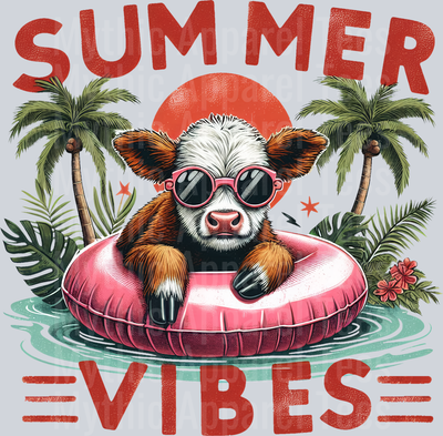 Summer vibes highland cow with palm trees floating in water DTF Summer Transfers