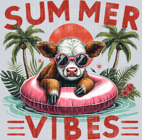 Summer vibes highland cow with palm trees floating in water DTF Summer Transfers