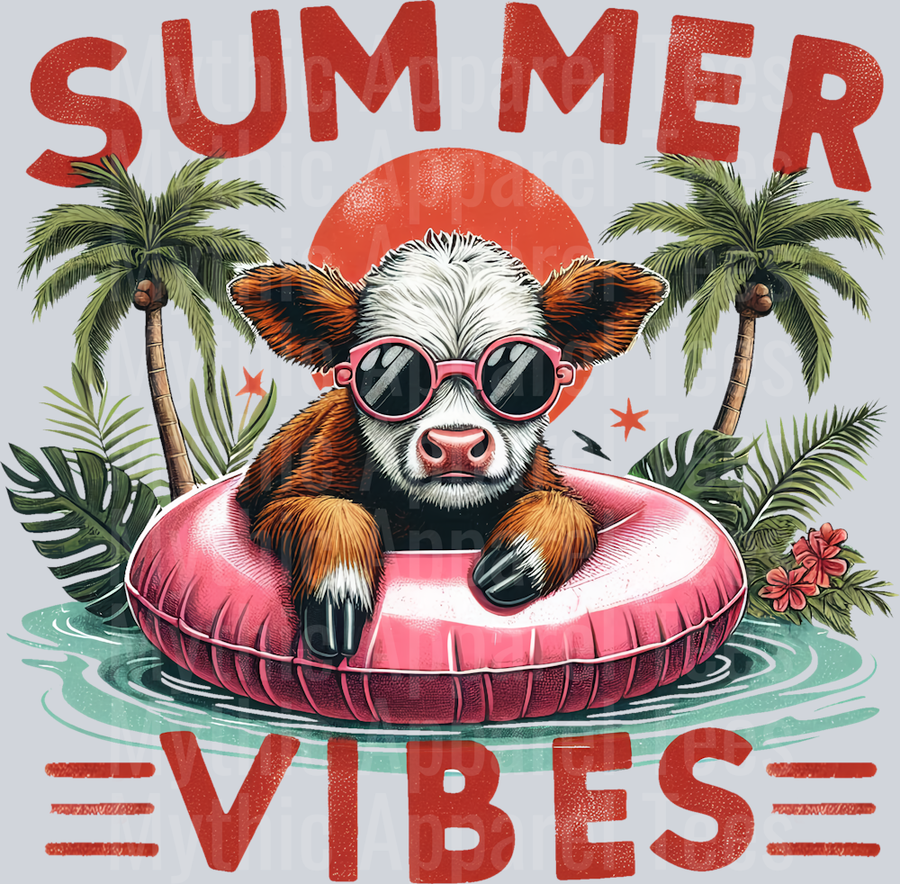 Summer vibes highland cow with palm trees floating in water DTF Summer Transfers