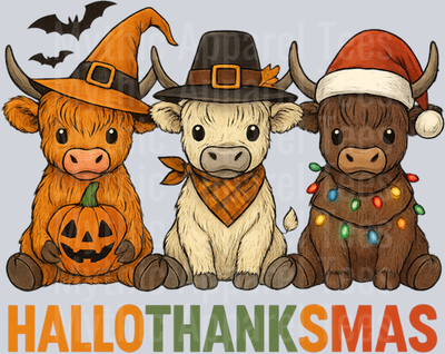 Cute HalloThanksMas Highland Cow Fall Thanksgiving Christmas Long Sleeve T-Shirt