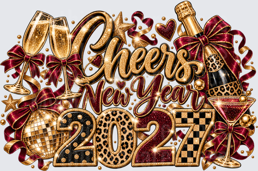 Cheers New Year 2027 Gold Glitter Leopard Print Disco Ball Champagne Celebration