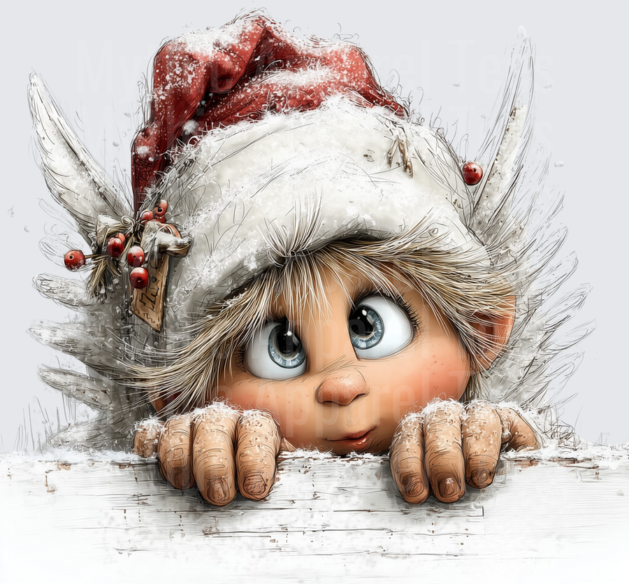 Curious Christmas Elf Peeking Over Snowy Ledge with Santa Hat and Holly Berry Charm