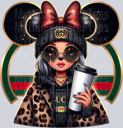 Sassy girl with big coffee cup and minnie ears Leopard print jacket Disney DTF Gucci Disney Transfers