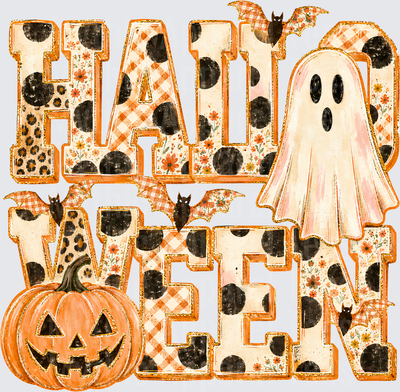 Fall Designs Halloween Patchwork Letter Design with Ghost Bats Jack-O-Lantern Leopard Print Plaid Polka Dot Floral Boho Autumn