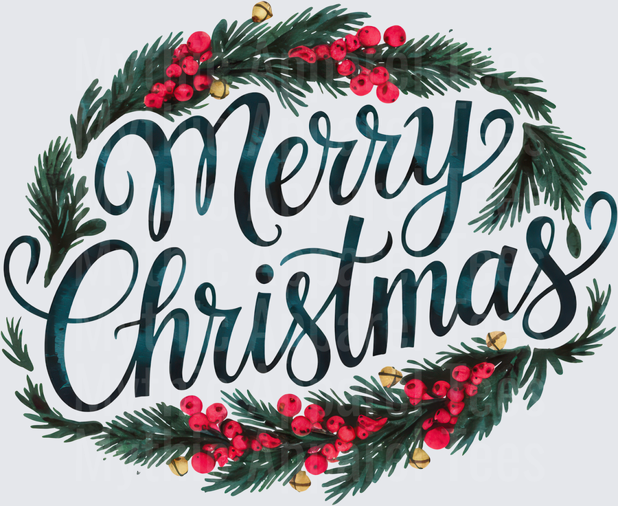 Merry Christmas Elegant Script with Watercolor Pine Wreath Holly Berries and Gold Bells