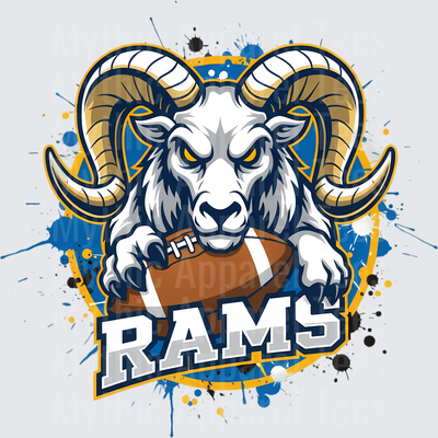 Rams Fierce Ram Mascot Holding Football Blue Gold Paint Splatter Spirit Design