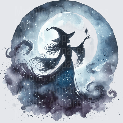 Halloween Gothic Witches Silhouette Full Moon Watercolor Stars