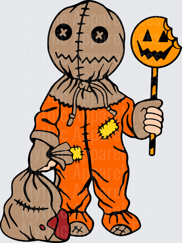 Trick 'r Treat Sam Burlap Mask Orange Jumpsuit Pumpkin Lollipop Halloween Horror